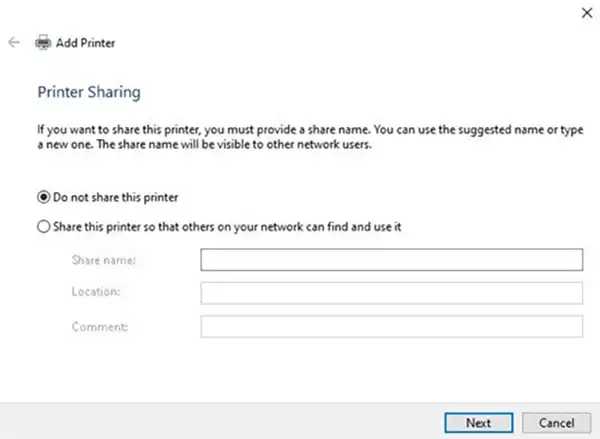 Select the "Do not share" option and click, "Next".