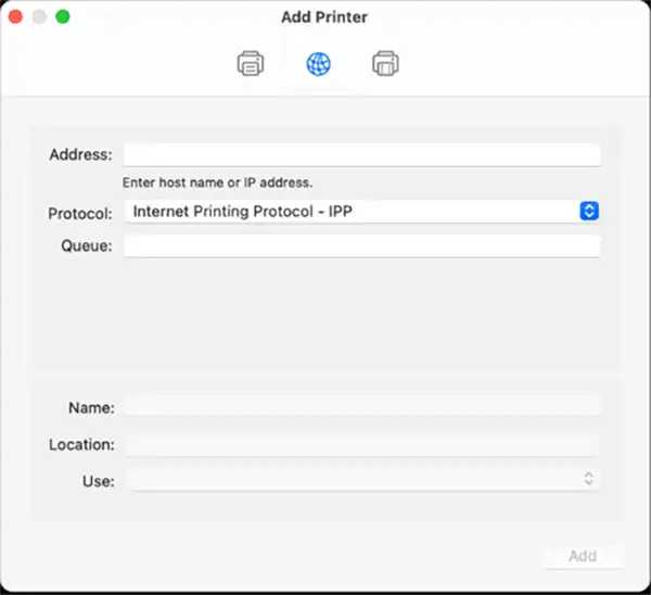 The Add a Printer window on a Mac.