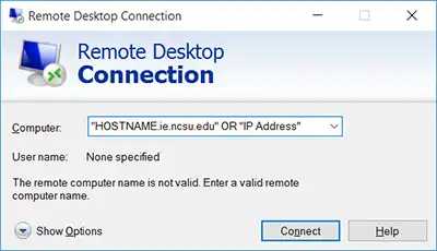 A screenshot of the Remote Desktop Connection window.