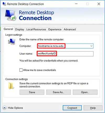 A screenshot of the Remote Desktop Connection window.