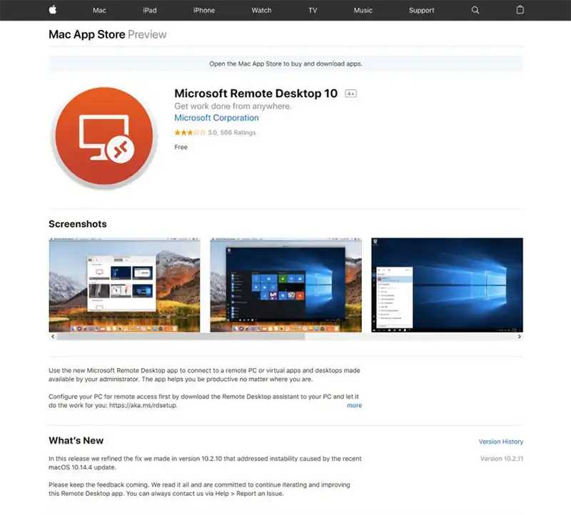 macOS Microsoft Remote Desktop 10 App Store web page