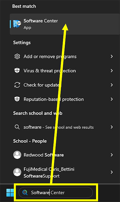 a screenshot of someone typing "software" into the Windows task bar