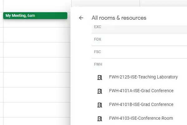 A screenshot of Google Calendar showing how to add room reservations to your event.