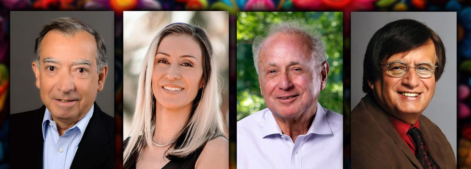 Headshots of four famous OR Practitioners floating above a bright and colorful Hispanic-themed background.