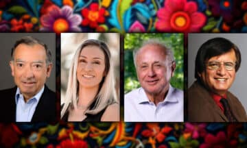 Headshots of four famous OR Practitioners floating above a bright and colorful Hispanic-themed background.