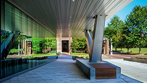 The Angel Family Plaza is Fitts-Woolard Hall's entrance to the second floor