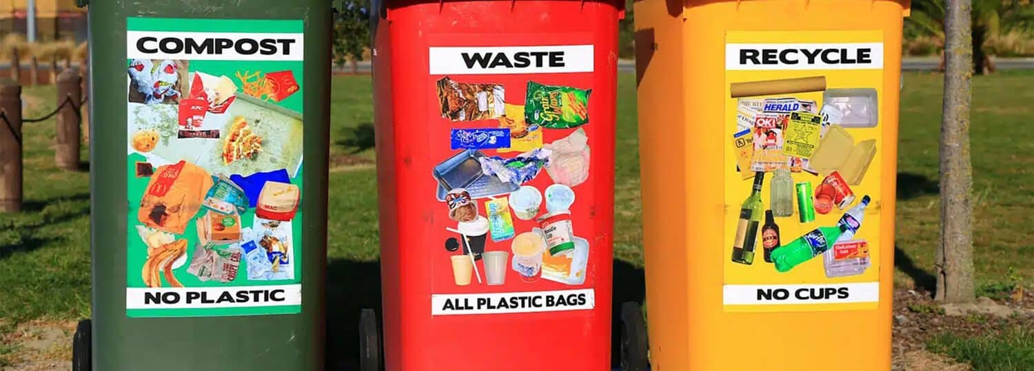 Three different colored recycling bins sitting on a concrete pad.
