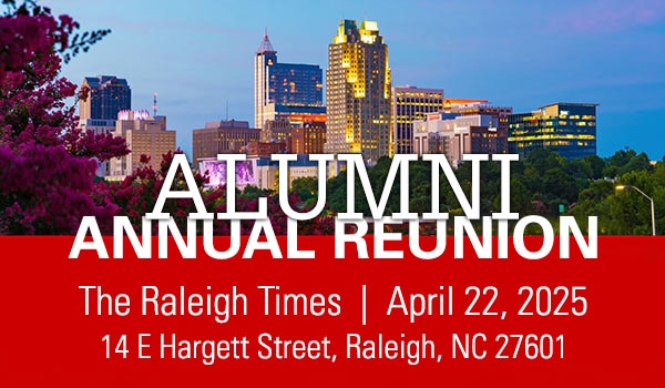 The Raleigh skyline with the words Annual Alumni Reunion floating over top.