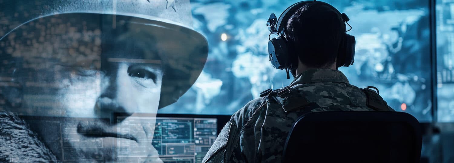 A military fellow standing in front of several computer monitors doing research