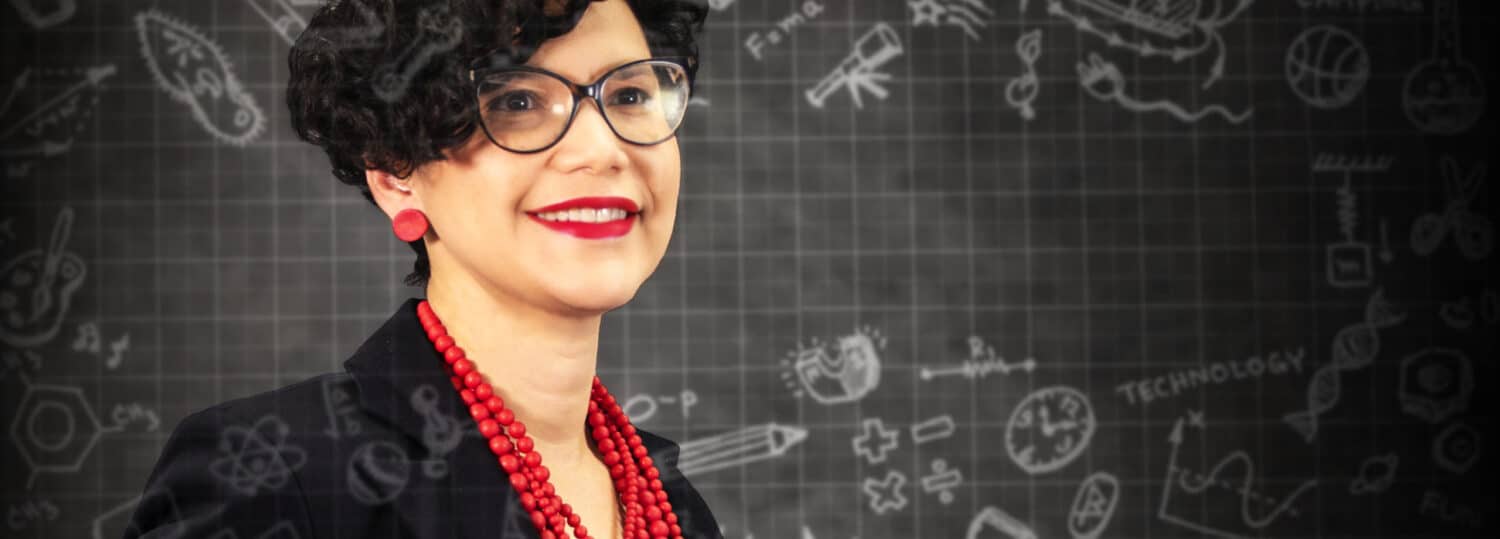 A headshot of Maria Mayorga with an abstract educational background