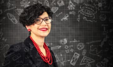 A headshot of Maria Mayorga with an abstract educational background