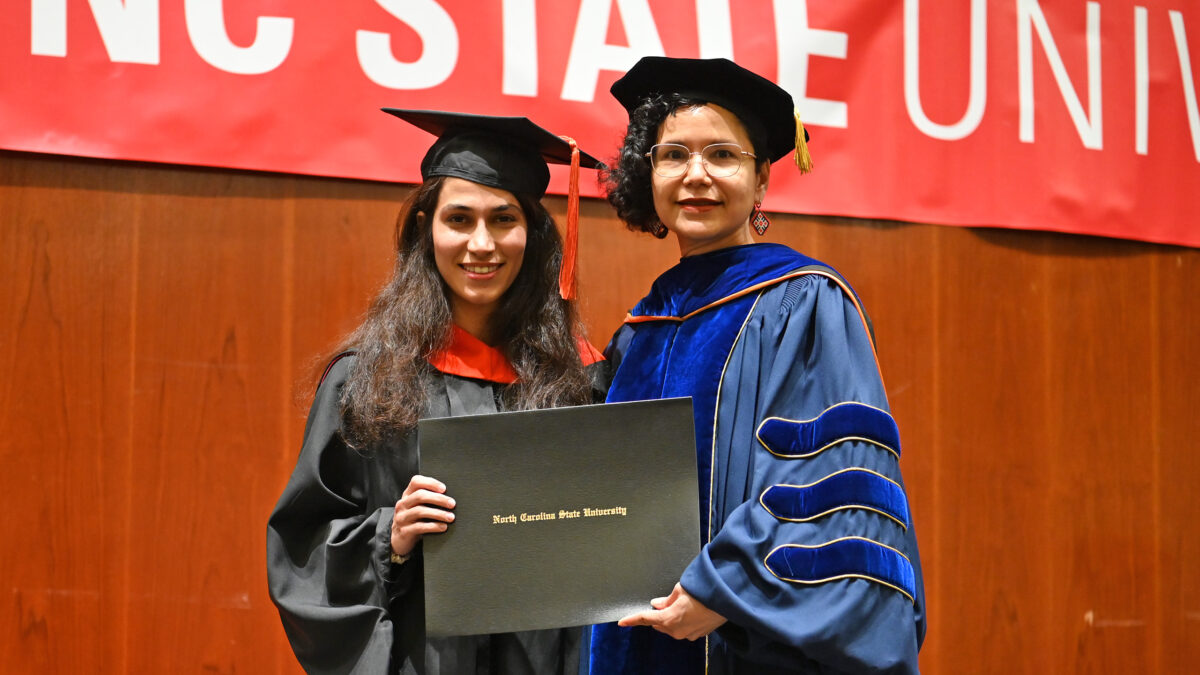 OR MOR student, Madi Arabi, poses with OR Director, Maria Mayorga, as she receives her degree on her way towards earning her Ph.D.