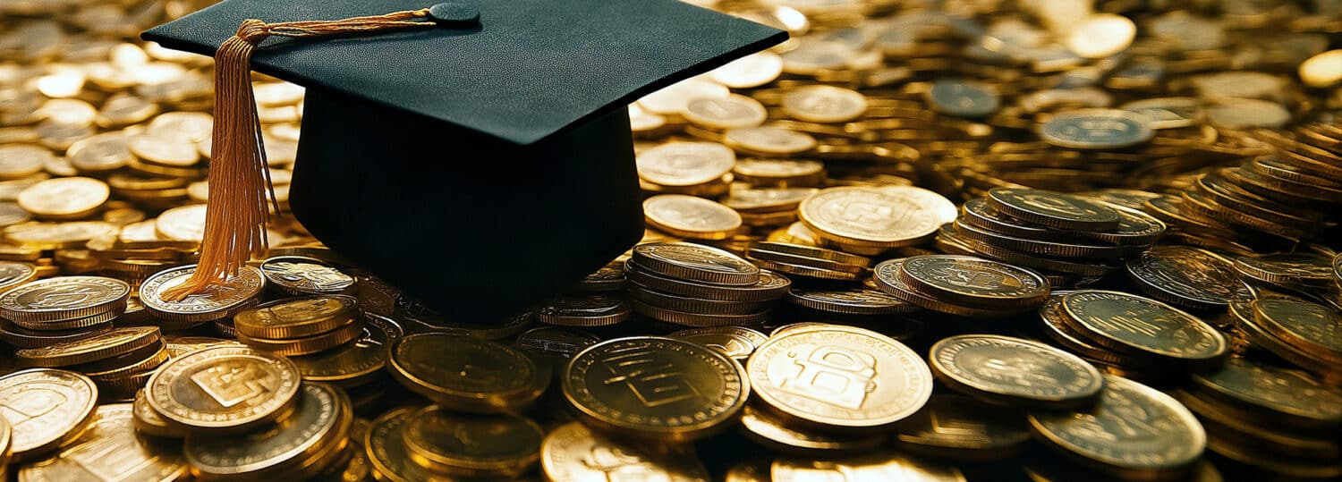 A black graduation cap sitting on a pile of gold coins.