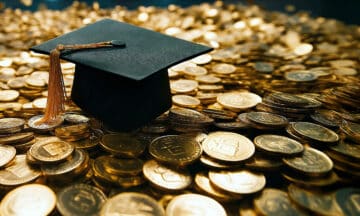 A black graduation cap sitting on a pile of gold coins.